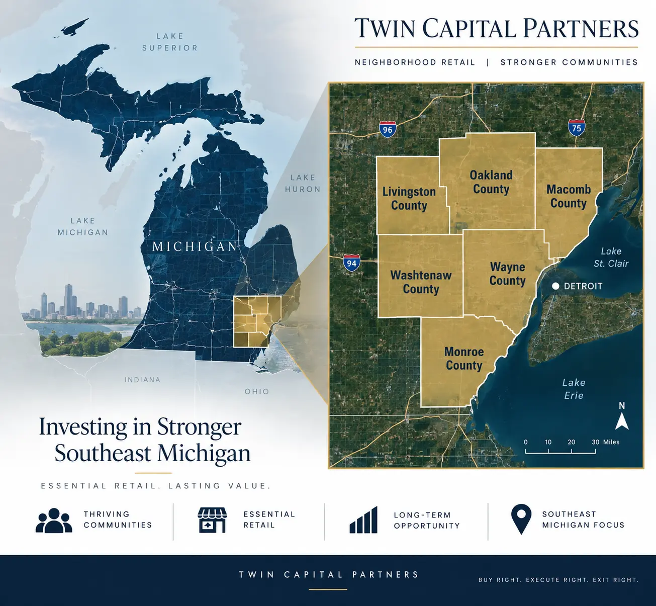 Twin Capital Partners Southeast Michigan investment market map highlighting Livingston, Oakland, Macomb, Washtenaw, Wayne and Monroe counties